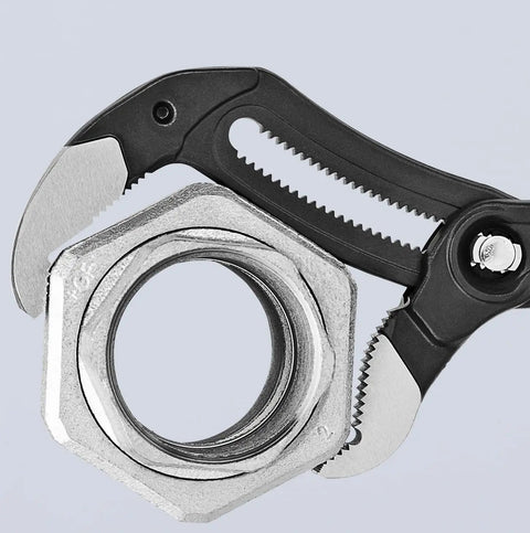 16 Inch XL Red Self Locking Water Pump Pliers With 27 Adjustment Positions gripping a metal nut