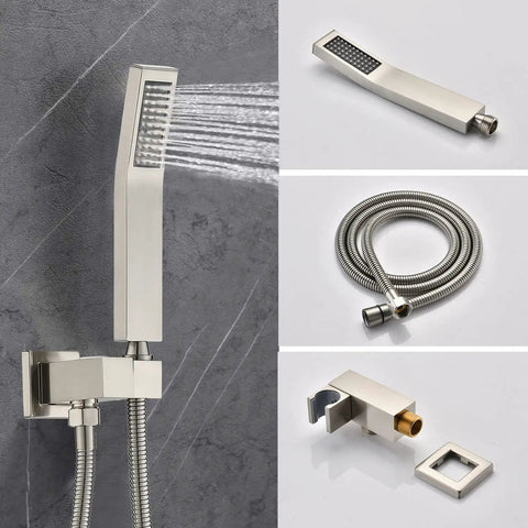 Handheld shower head and components from Shower Faucet Set With Waterfall Tub Spout And Rainfall Head Wall Mounted 10 Inch Rain Shower System