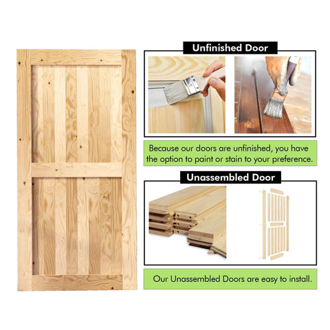 Wooden unfinished and unassembled barn door panel, with images showing painting process and components before assembly.