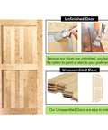 Five In One Design Solid Natural Pine Barn Door Kit For Interior Use, Forty Eight Inch Wide And Eighty Four Inch High, Unfinished And Unassembled With Pre Drilled Holes For Easy Assembly And Pre Routed Floor Guide Groove, Two Person Install showcasing unfinished panel and parts.