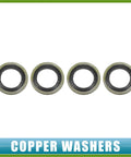 Close-up of four copper washers from Banjo Bolt Kit M12x1.5 10mm Hose Barb Fittings With Copper Washers For Brake Lines Easy Install