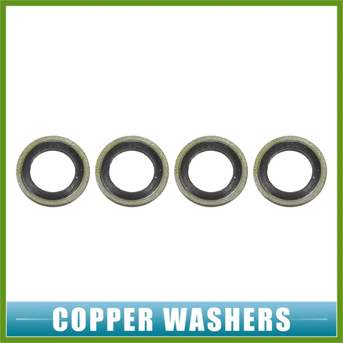 Close-up of four copper washers from Banjo Bolt Kit M12x1.5 10mm Hose Barb Fittings With Copper Washers For Brake Lines Easy Install