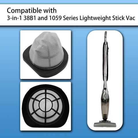 Replacement Filter Set For Bissell 3 In 1 Lightweight Stick Vacuum 38B1 38B1L 1059 Series filters and vacuum displayed.