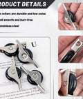 Eight Pack Sliding Door Pulleys For Cabinets And Furniture Dope Hardware Wheels For Windows Patio Doors And Glass Doors Smooth Roller Replacement 0.76 Cm Thick Ideal For Home Renovations And DIY Projects with nylon and stainless steel close-up.