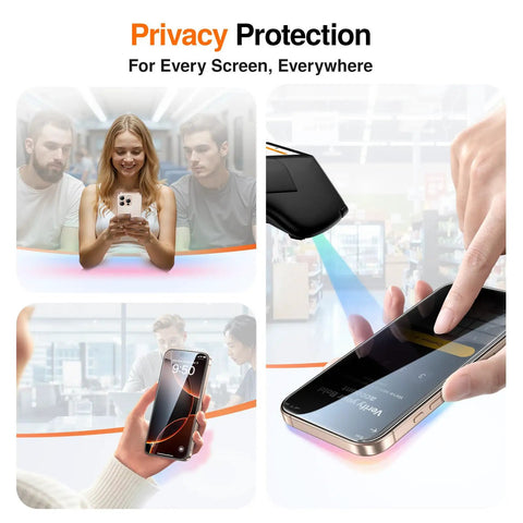Privacy Screen Protector For iPhone 16 Pro Max, 2 Pack Anti Spy Tempered Glass with people using phones in public settings