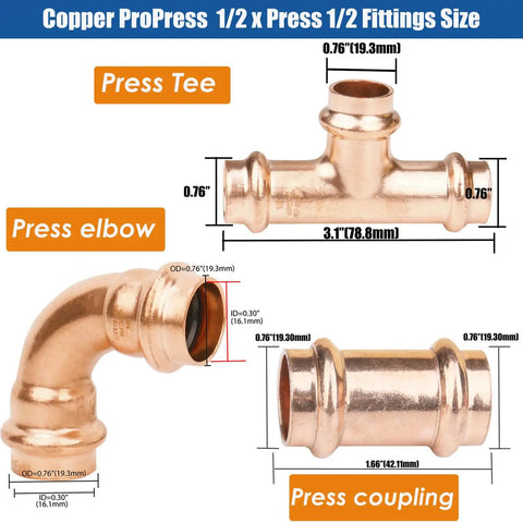 Illustration of 12 Pack 1/2 Inch Copper Press Fittings Kit including tee, elbow, and coupling, for leak-free water piping installations.