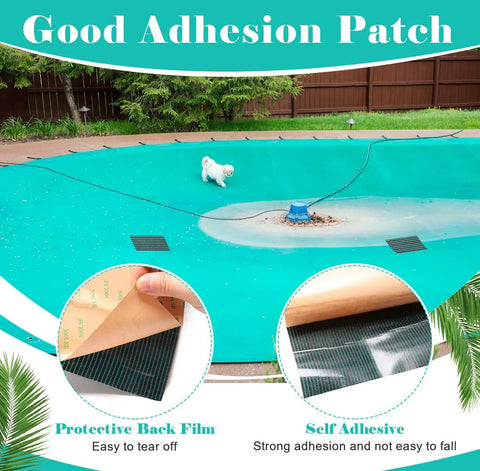 Image showing Heavy Duty Pool Cover Patch Kit 8 By 40 Inches Self Adhesive Waterproof Repair Patch used on pool cover with close-up insets.