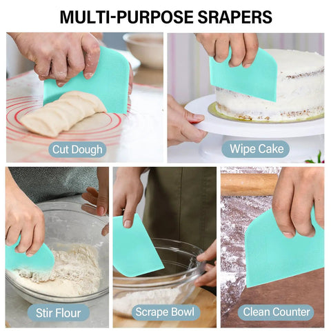Sturdy Stainless Steel Bench Scraper With Dual BPA Free Plastic Bowl Scrapers Measuring Scale Flexible Edges Pro Grade Kitchen Tool Set For Pastry Bread Pizza Cake Great For Home Bakers used to cut dough, wipe cake, and scrape bowls
