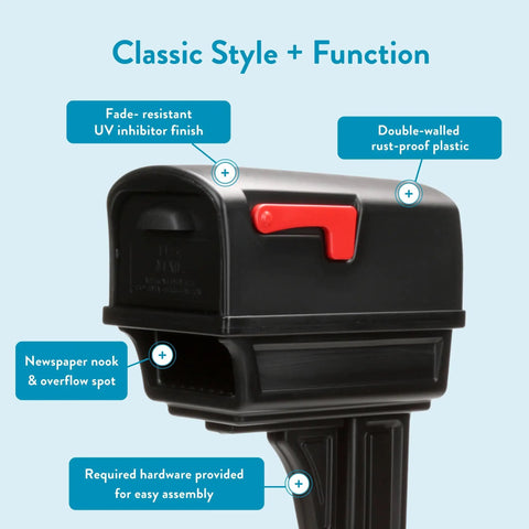 Top Shelf Heavy Duty Double Wall Plastic Mailbox And Post Kit With Dual Access Large Capacity Rust Proof Finish Smooth Operating Doors No Sweat Weather Resistance For Your Home with red flag and newspaper nook