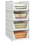 Stackable Plastic Storage Baskets 4 Pack Foldable Closet Organizers with folded clothes