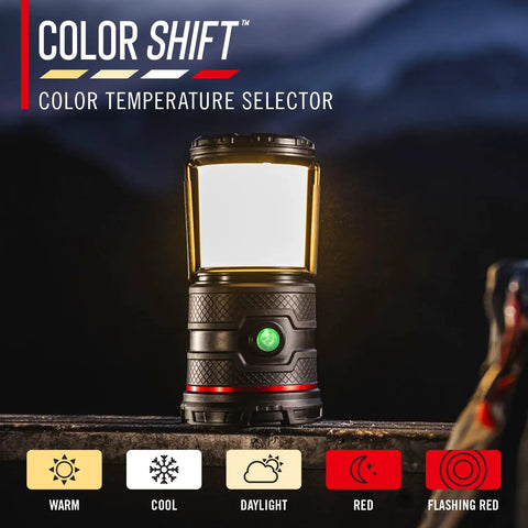 1000 Lumen USB C Rechargeable Emergency Camping Lantern With Five Modes on table showing different light settings