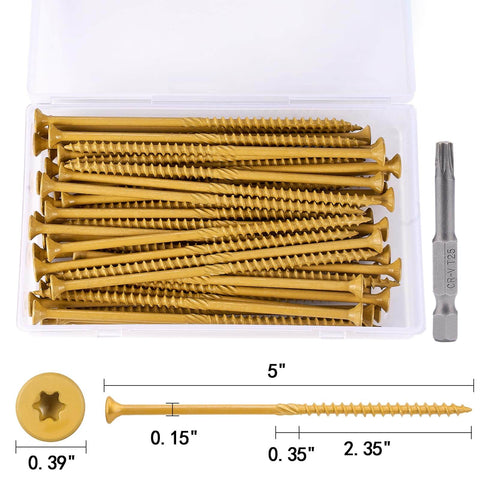 50 Pc Deck Screws Set, 5 Inch #10 Self Drilling Wood Screws With Rust Resistant Coating, Star Torx Drive, in plastic box