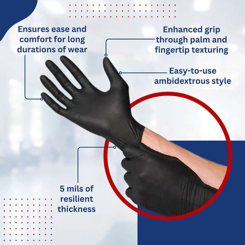 Hands wearing Industrial Black Nitrile Gloves Heavy Duty 5 Mil Disposable Latex Free Powder Free Full Palm Textured 9.5 Inch