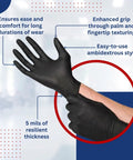Industrial Black Nitrile Gloves Heavy Duty Disposable With Full Palm Texture For Tough As Nails Grip Sizes M To 2XL FDA Compliant For Direct Food Contact Great For Industrial Environments And Food Handling displayed with durability and grip features.