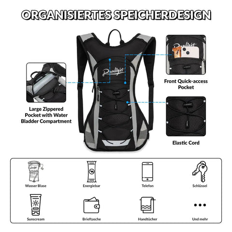 Lightweight Running Vest With Adjustable Chest Pack And Pistol Holster Hydration Vest With 1.5L Bladder Reflective Hydration Gear showing storage features.