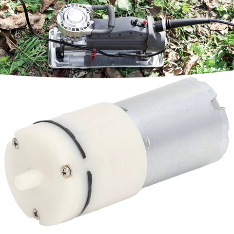 Boss Level 12V Micro Air Pump featuring Rock Solid Aluminum Body, diaphragm vacuum pump for quiet use with motor detail.