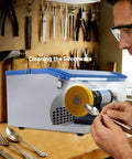 Pro Grade Heavy Duty 500W Jewelry Bench Polisher With Integrated Dust Collector And Adjustable Speed Control For Serious Jewelers Kickin Torque Motor Double Head Grinding Buffing Station in use cleaning silverware.