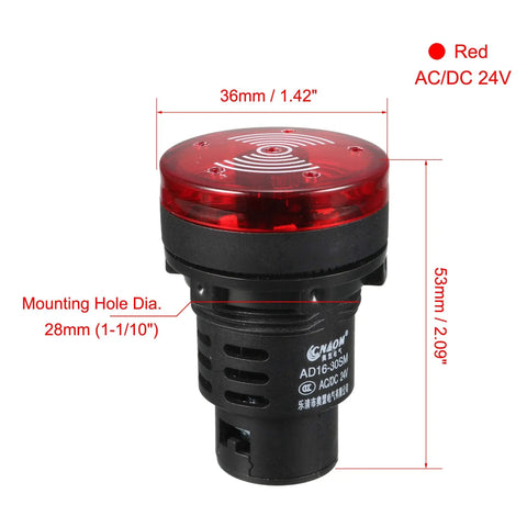 Red Indicator Light With Buzzer 24V AC DC Panel Mount 28mm dimensions and details