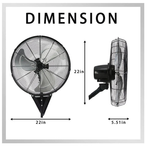 Two Pack 20 Inch Wall Mount Fan With Beefy 7100 CFM Airflow Industrial Oscillating Fans dimensions shown front and side view