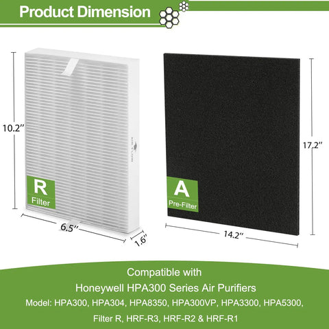 Six Pack HPA300 Compatible HEPA Filters and Pre Filters dimensions for Honeywell Air Purifiers HPA300 and HPA304