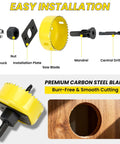 REKCKRUL 6-piece hole saw kit with yellow carbon-steel blades, mandrel and hex key for wood, PVC, drywall, plastic