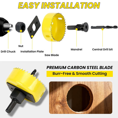 REKCKRUL 6-piece hole saw kit with yellow carbon-steel blades, mandrel and hex key for wood, PVC, drywall, plastic