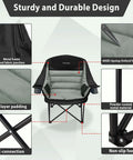 Specifications of the Beefy Heavy Duty Oversized Camping Chair With Side Pocket And Cup Holder, showcasing fabric and frame details.