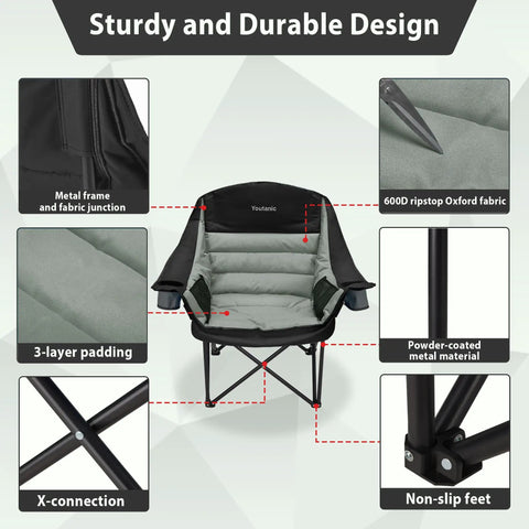 Specifications of the Beefy Heavy Duty Oversized Camping Chair With Side Pocket And Cup Holder, showcasing fabric and frame details.