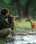 DiamondEdge Spotting Scope 20-60x80 For Bird Watching And Wildlife Viewing, Top Tier Optics With Smooth Focus, Crystal Clear Zoom For Birding, Scenery, Hiking, And Stargazing. Man using a spotting scope to watch a deer outdoors.