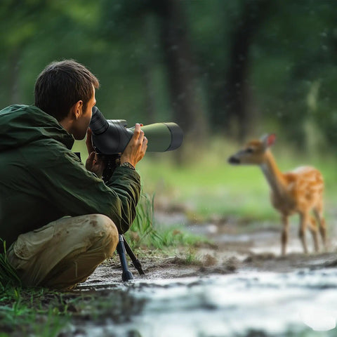 DiamondEdge Spotting Scope 20-60x80 For Bird Watching And Wildlife Viewing, Top Tier Optics With Smooth Focus, Crystal Clear Zoom For Birding, Scenery, Hiking, And Stargazing. Man using a spotting scope to watch a deer outdoors.
