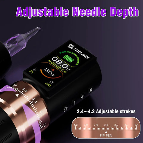 Close-up of OLED display on All In One Wireless Tattoo Pen Kit With adjustable needle depth, for beginners at home practice.