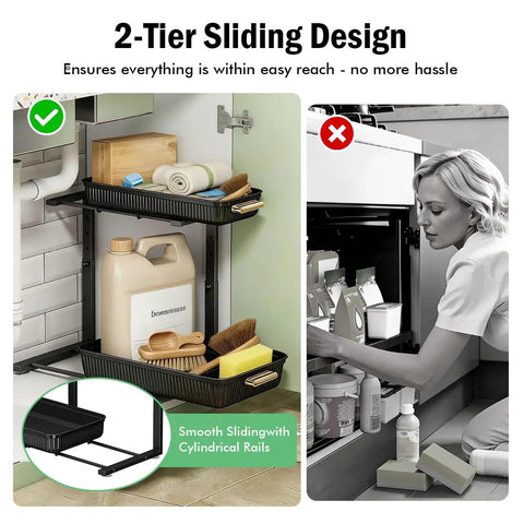 Heavy Duty Hella Spacious Pull Out Under Sink Organizer With Slick Sliding Bottom Tray For Kitchen Cabinets Bathroom Vanities And Pantries No Hassle Multi Purpose Rack showcasing 2-tier design with cleaning supplies.