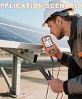 No Nonsense Solar Panel Tester Meter Gauges Voc And Isc Up To 2000W With Backlight and data hold used by worker on solar panel.