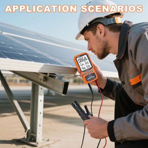 No Nonsense Solar Panel Tester Meter Gauges Voc And Isc Up To 2000W With Backlight and data hold used by worker on solar panel.