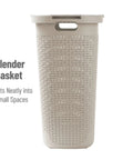 Front view of Slim Laundry Hamper With Lid 60L Tall Narrow Basket For Bathrooms Closets And Laundry Rooms Plastic Ivory Space Saver