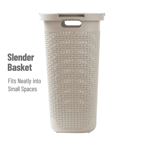 Front view of Slim Laundry Hamper With Lid 60L Tall Narrow Basket For Bathrooms Closets And Laundry Rooms Plastic Ivory Space Saver