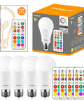 LED Color Changing Light Bulbs Pack of 4, 85W Equivalent, 1200 Lumens, RGB with 9 Colors and 6 Mood Modes for Epic Vibe, packaging view