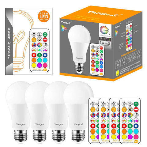 LED Color Changing Light Bulbs Pack of 4, 85W Equivalent, 1200 Lumens, RGB with 9 Colors and 6 Mood Modes for Epic Vibe, packaging view