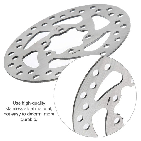 Close-up of Rugged 120mm Stainless Steel Brake Disc Rotor Pad with holes for electric scooters and skateboards