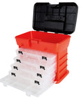 Portable Tool Storage Box With Four Removable Trays And Lids, shown open with clear trays and black lid