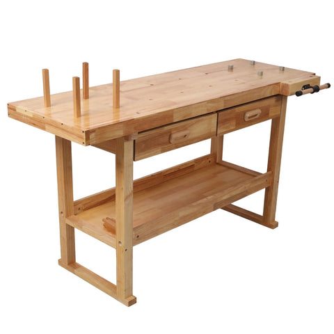 60 Inch Solid Rubberwood Workbench with Two Smooth Sliding Drawers and a Wide Open Bottom Shelf for Tidy Tool Storage