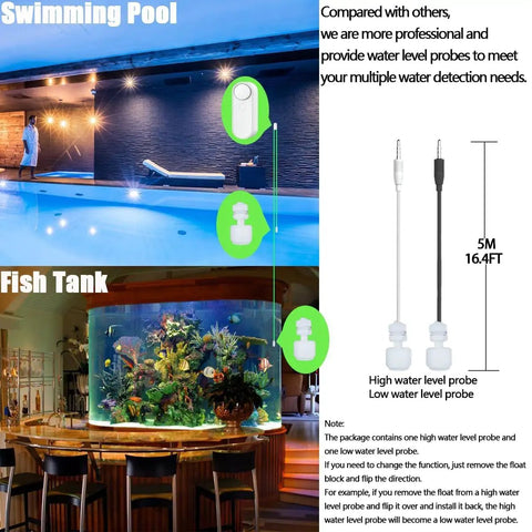 Smart Water Level Detector With Dual Probes And WiFi Connectivity, No Fuss High Low Alarm System, Detached 16.4Ft Detection Line, Left And Right Dual Alarms, Real Time Remote App Monitoring, Dual Alerts, Battery Powered For Easy Setup for swimming pool and fish tank