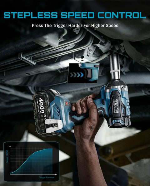 Using Three Eighths Inch Cordless Impact Wrench with 450 Nm Torque Brushless Motor under vehicle.