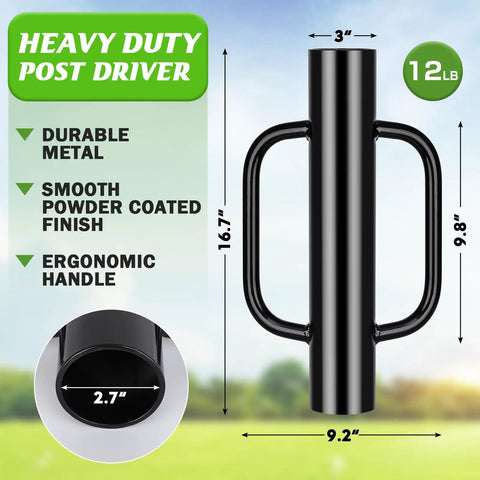 12 Pound T Post Driver With Handles Heavy Duty Fence Post Pounder For T Posts U Channel Metal Post And Sign Post Pole Driver Tool 17 Inch Black Built With Durable Steel And A Corrosion Resistant Powder Coat For Weatherproof Performance, featuring ergonomic handles and smooth finish.