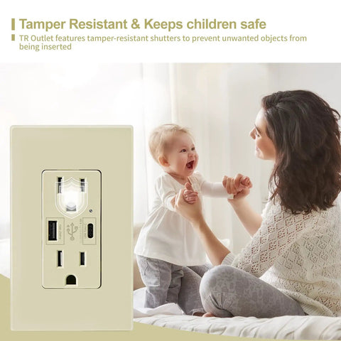 USB C Outlet With 24W Power Delivery And USB A Port 125V Tamper Resistant Receptacle 15 Amp Screwless Wall Plate UL Listed Ivory Finish
