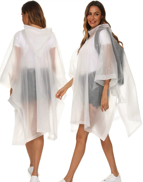 Two models wearing 2 Pack Reusable Adult Rain Ponchos Emergency Waterproof Rain Coat With Drawstring Hood Heavy Duty EVA Gear Tear Resistant Quick Dry White