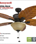Sabal Palm 52 Inch Tropical LED Ceiling Fan With Light For Living Areas, Pull Chain Operation, hand-carved blades in bronze finish