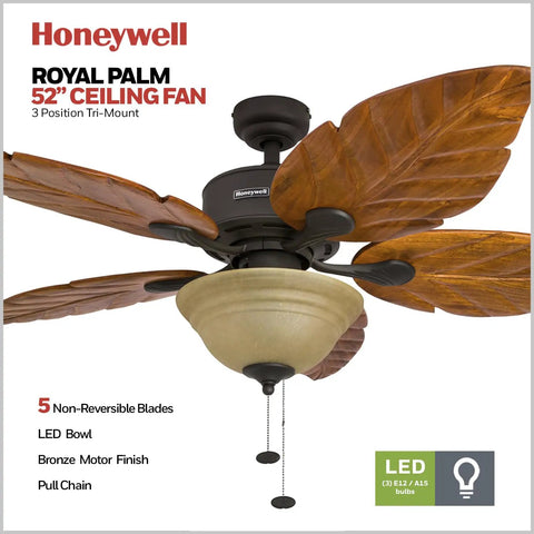 Sabal Palm 52 Inch Tropical LED Ceiling Fan With Light For Living Areas, Pull Chain Operation, hand-carved blades in bronze finish