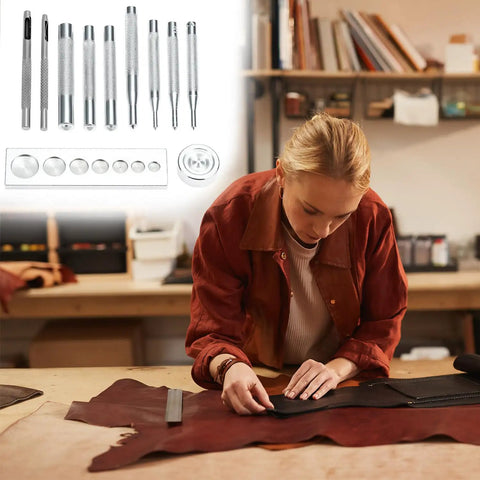Heavy Duty Hole Punch Set 11 Piece Carbon Steel Punch And Rivet Tool Kit with round die punches from 2.5mm to 15mm used in leatherwork.