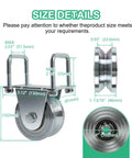 Heavy Duty 4 Inch V Groove Gate Wheel Kit Built Tough With 3000 Lbs Capacity, size diagram showing measurements and dual bearing mount